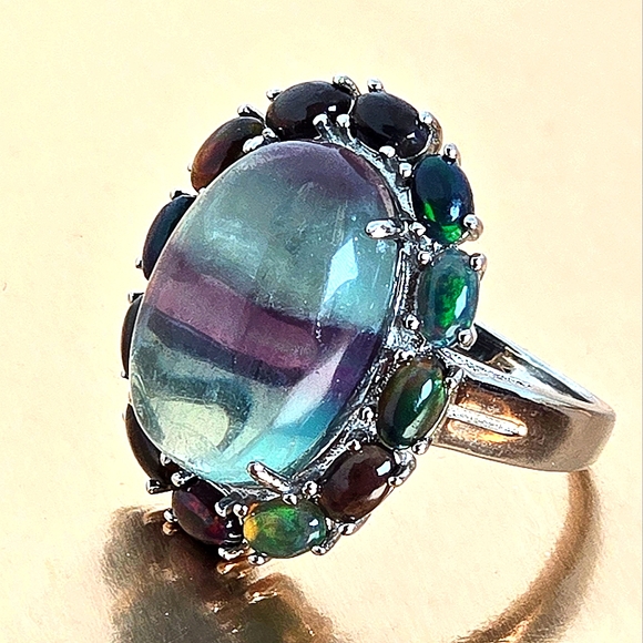 Natural Fluorite & Black Opal 925 Sterling Silver Ring Sz 7.25 - Picture 9 of 14
